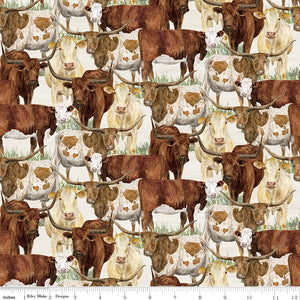 A repeating pattern of watercolor-style longhorn cattle in brown, cream, and white tones on a light background with ruler for scale.