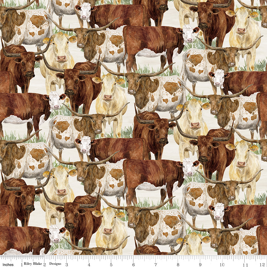 A repeating pattern of watercolor-style longhorn cattle in brown, cream, and white tones on a light background with ruler for scale.