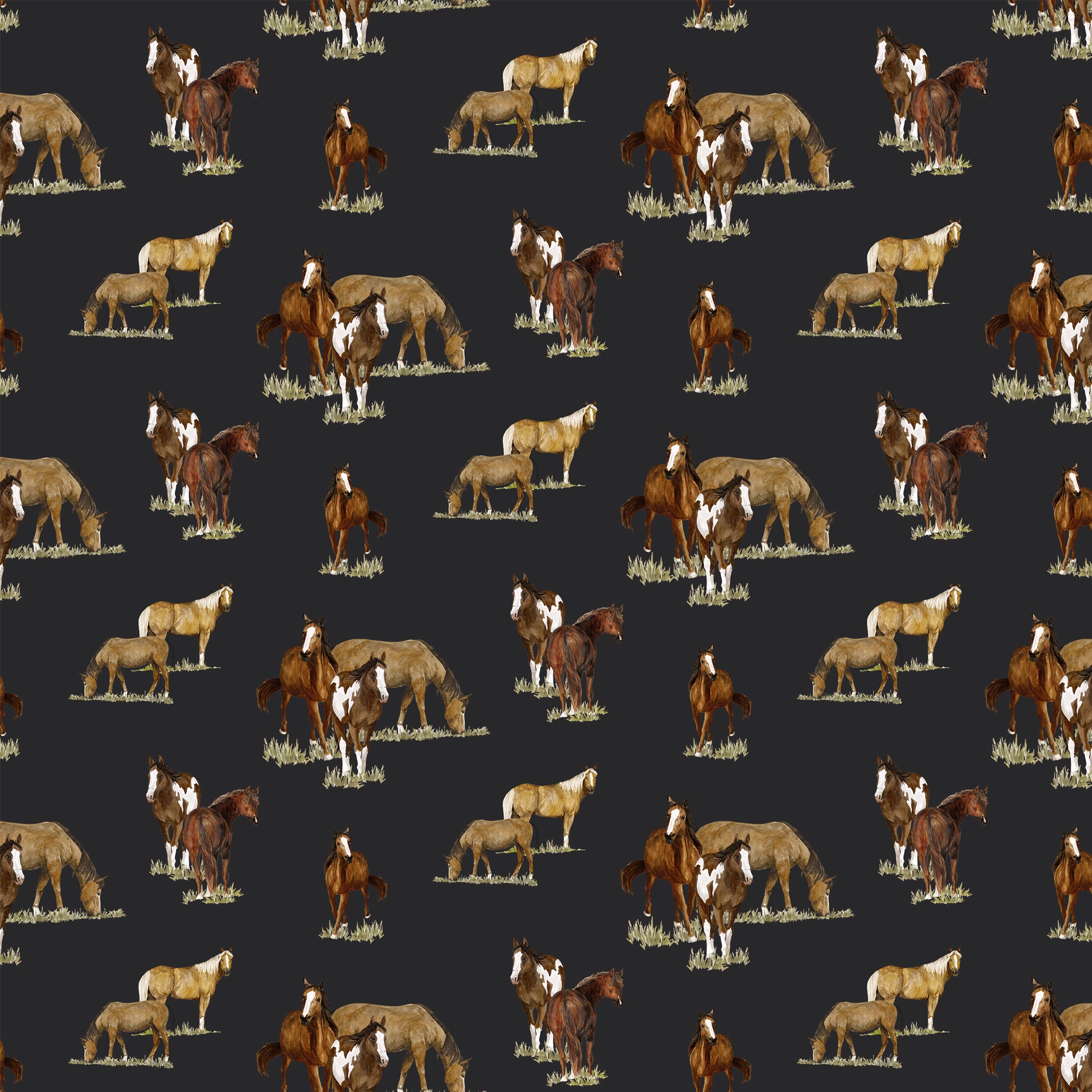 A repeating pattern of horses and poncho riders in brown, tan, cream, and white tones on a dark charcoal background.