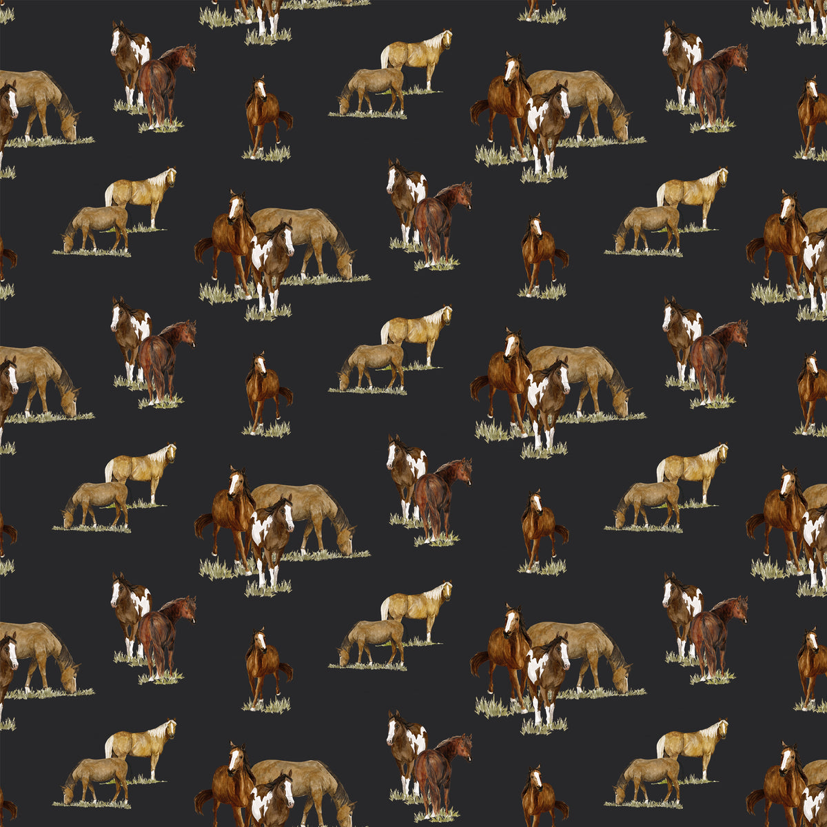 A repeating pattern of horses and poncho riders in brown, tan, cream, and white tones on a dark charcoal background.