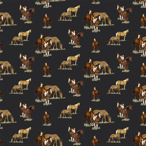 A repeating pattern of horses and poncho riders in brown, tan, cream, and white tones on a dark charcoal background.