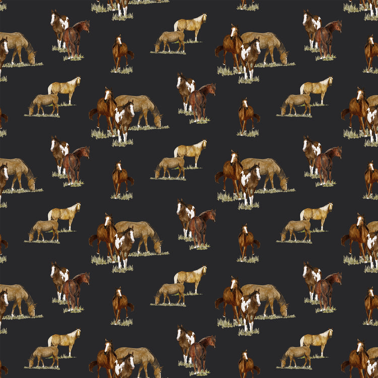 A repeating pattern of horses and poncho riders in brown, tan, cream, and white tones on a dark charcoal background.