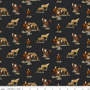 A repeating pattern of horses and poncho riders in brown, tan, cream, and white tones on a dark charcoal background with ruler for scale.