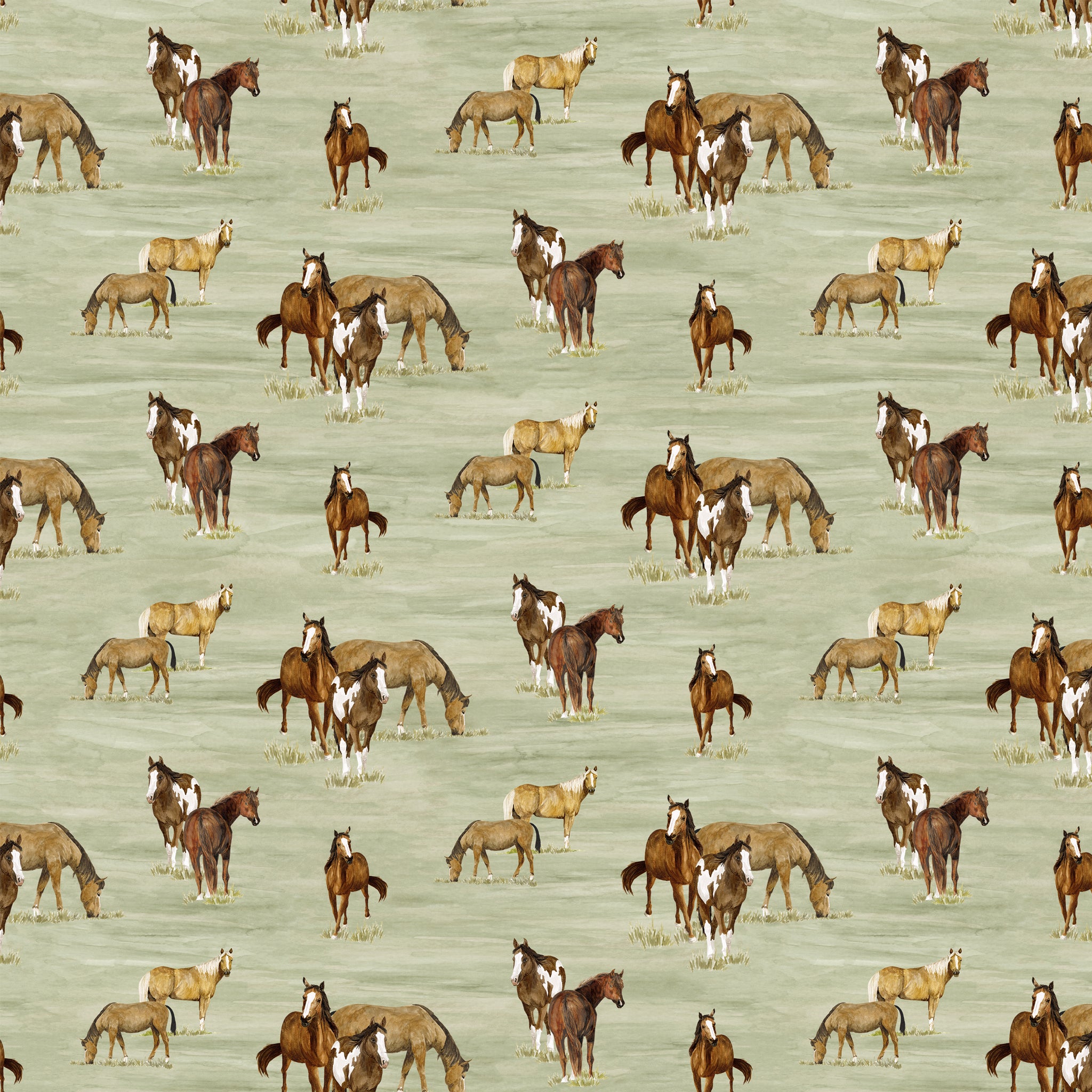 A repeating pattern of various horse breeds, including foals, standing on a light sage green background.