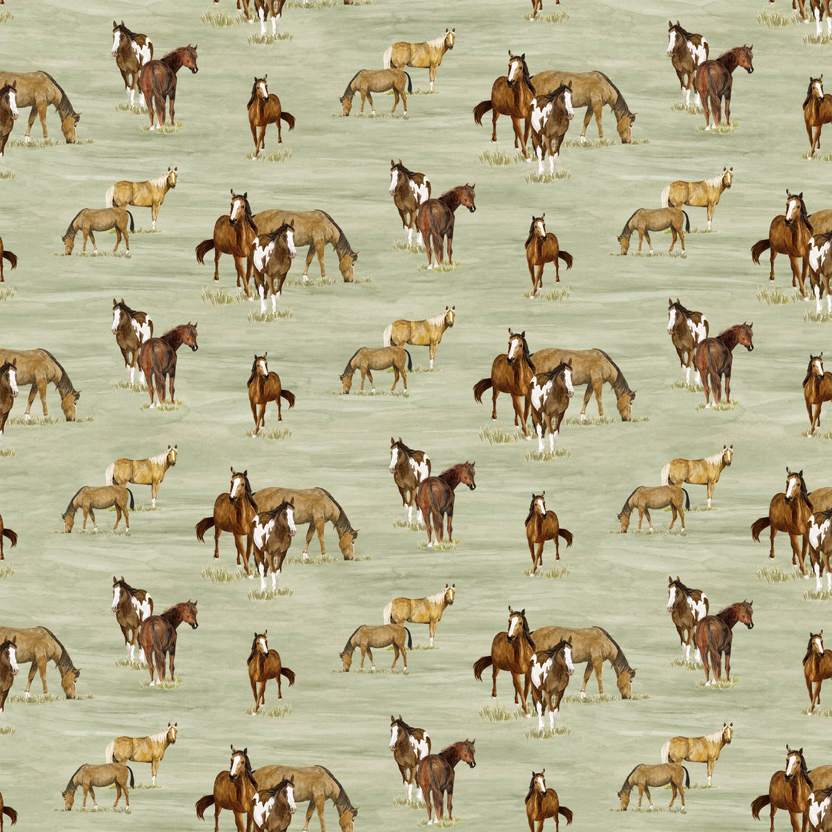 A repeating pattern of various horse breeds, including foals, standing on a light sage green background.
