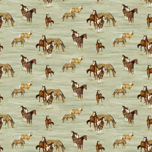 A repeating pattern of various horse breeds, including foals, standing on a light sage green background.