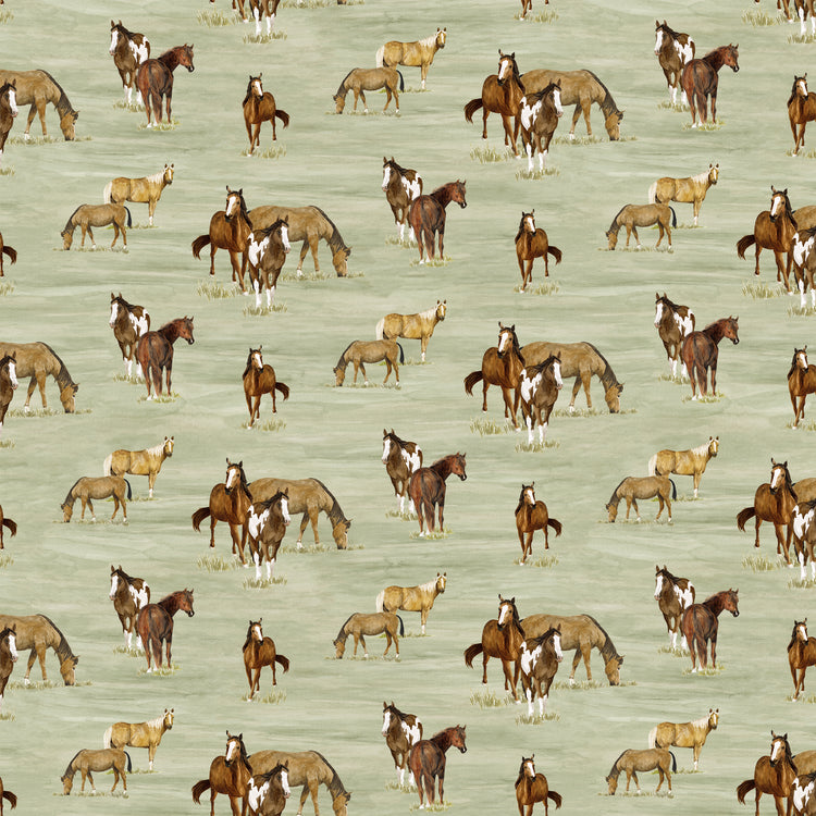 A repeating pattern of various horse breeds, including foals, standing on a light sage green background.