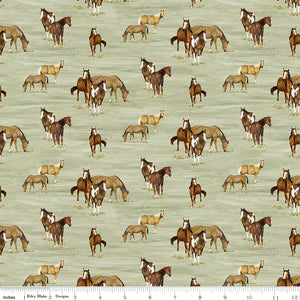 A repeating pattern of various horse breeds, including foals, standing on a light sage green background with ruler for scale.