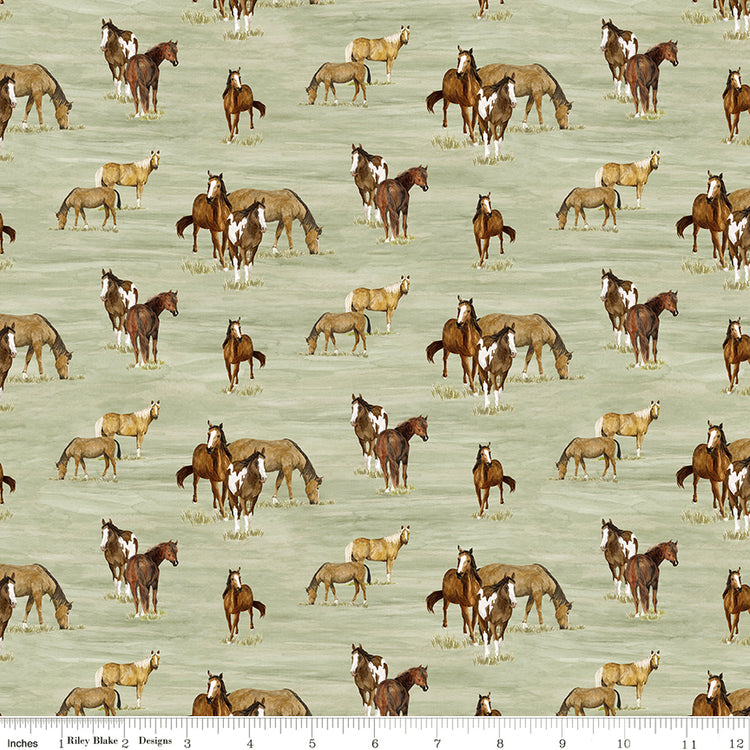 A repeating pattern of various horse breeds, including foals, standing on a light sage green background with ruler for scale.