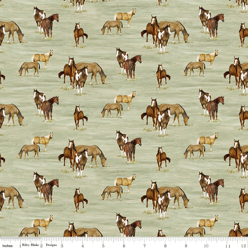 A repeating pattern of various horse breeds, including foals, standing on a light sage green background with ruler for scale.