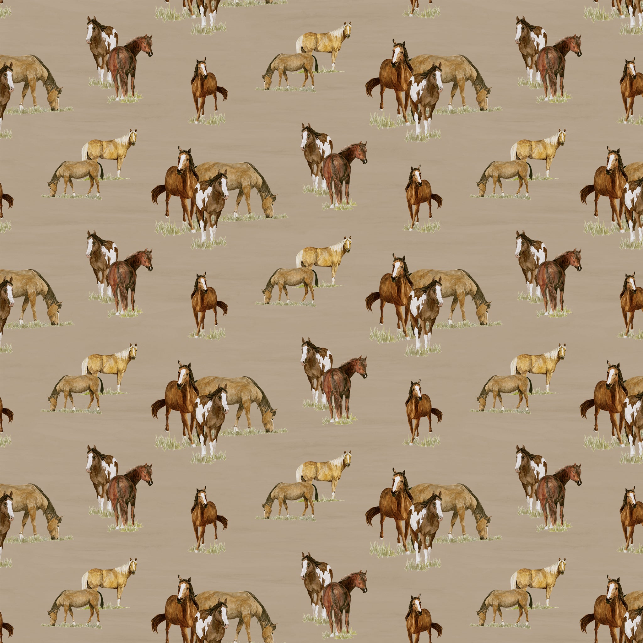 A pattern of various horse breeds, including foals and adults in brown, white, and tan, set against a solid taupe background.