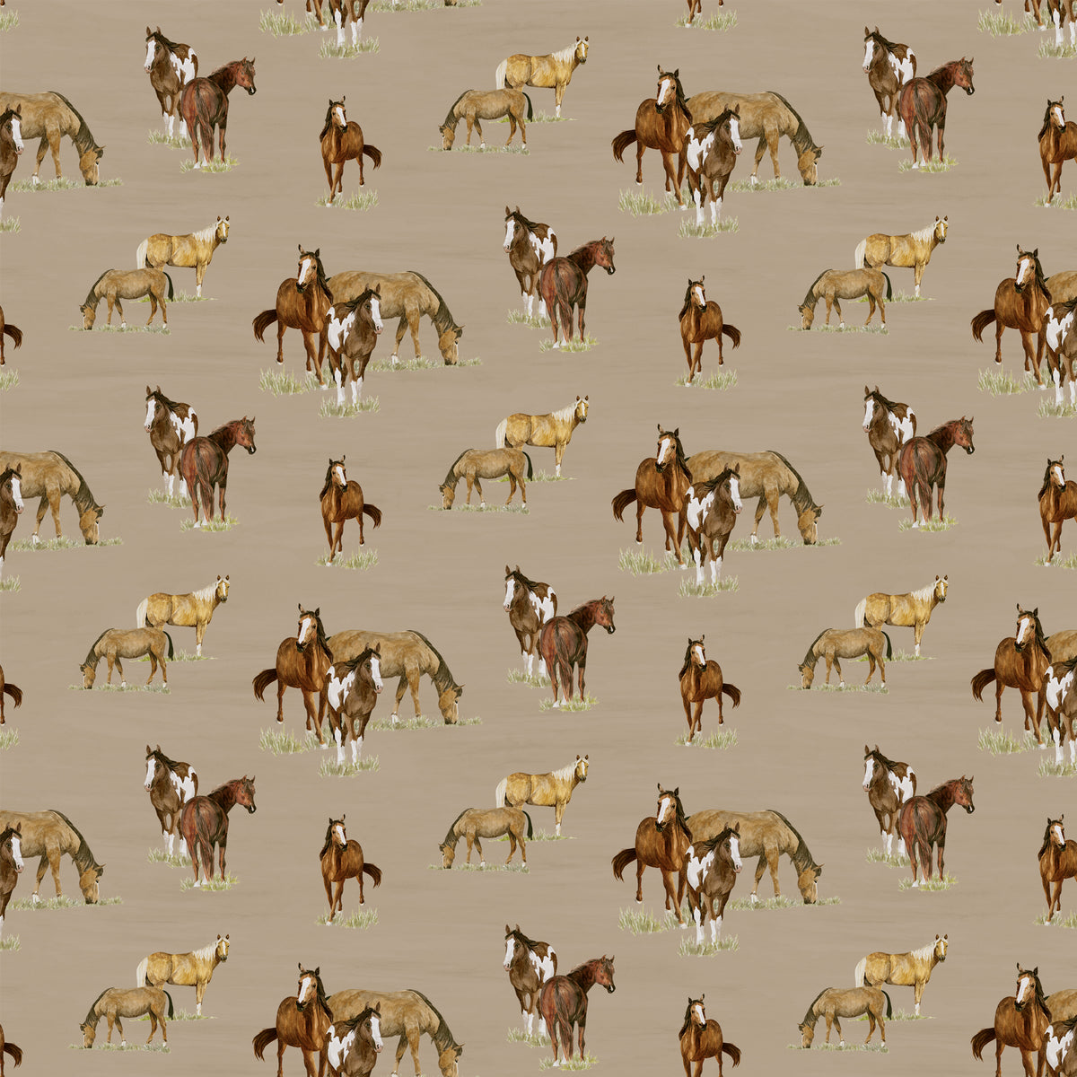 A pattern of various horse breeds, including foals and adults in brown, white, and tan, set against a solid taupe background.