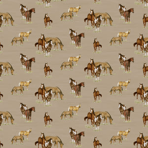 A pattern of various horse breeds, including foals and adults in brown, white, and tan, set against a solid taupe background.