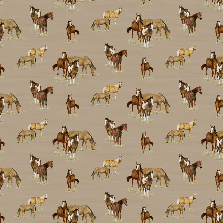A pattern of various horse breeds, including foals and adults in brown, white, and tan, set against a solid taupe background.