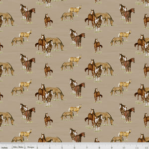 A pattern of various horse breeds, including foals and adults in brown, white, and tan, set against a solid taupe background with ruler for scale.