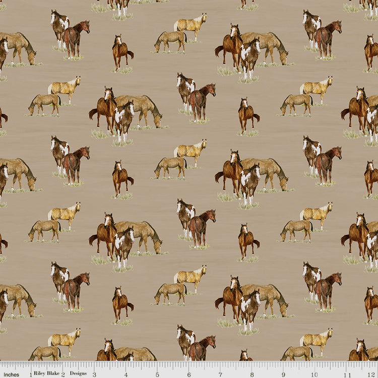 A pattern of various horse breeds, including foals and adults in brown, white, and tan, set against a solid taupe background with ruler for scale.