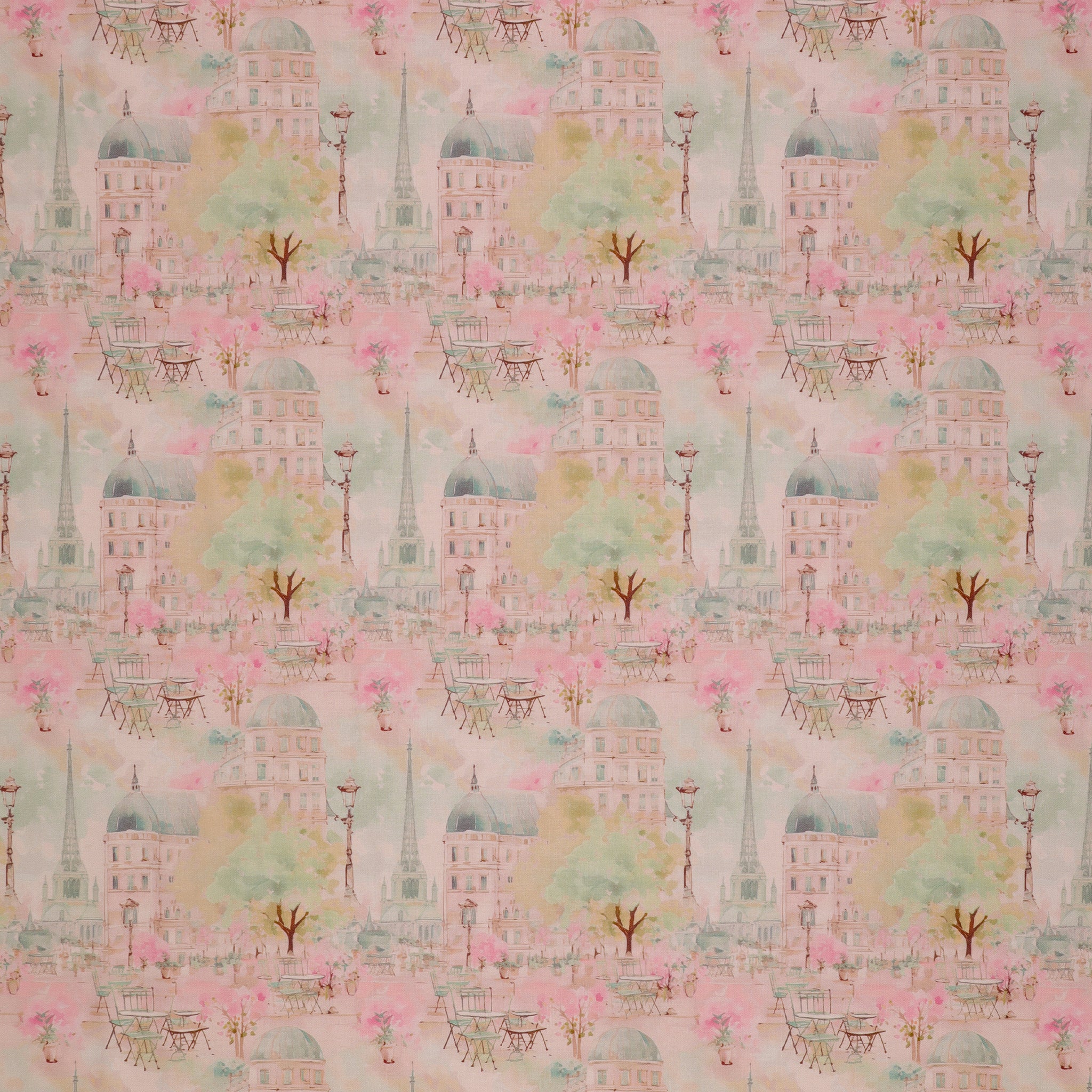 En Vogue Fabric Collection - Paris en Vogue Pink: watercolor-style pattern featuring Parisian buildings, trees, flowers, and street scenes in soft pink, green, and yellow tones CL64250101-01