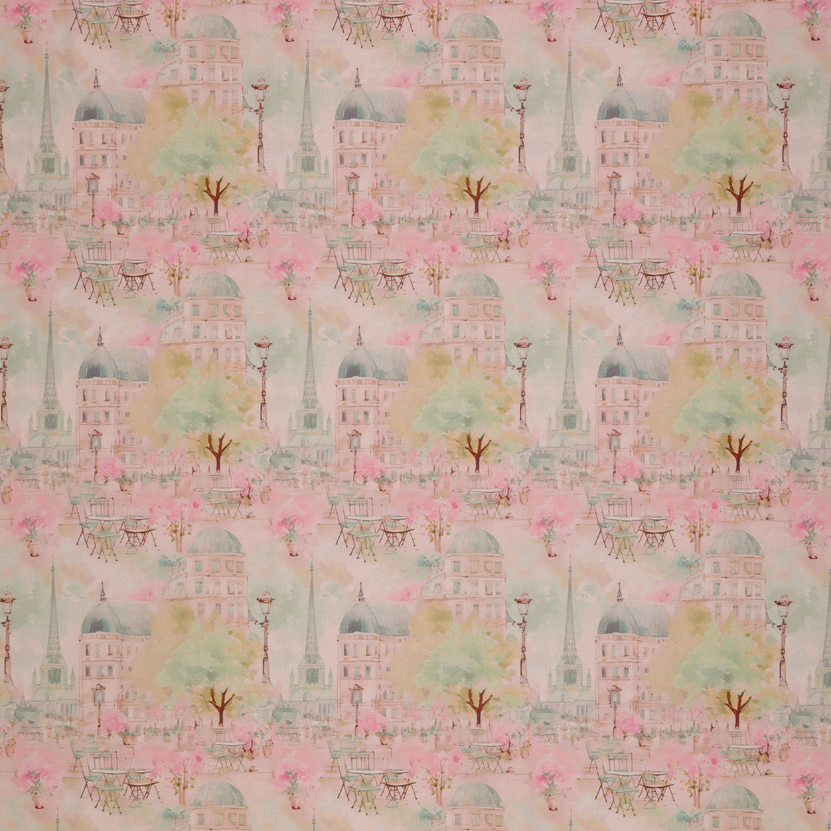En Vogue Fabric Collection - Paris en Vogue Pink: watercolor-style pattern featuring Parisian buildings, trees, flowers, and street scenes in soft pink, green, and yellow tones CL64250101-01