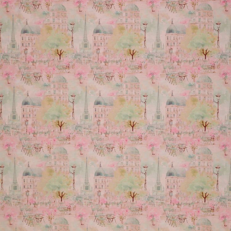 En Vogue Fabric Collection - Paris en Vogue Pink: watercolor-style pattern featuring Parisian buildings, trees, flowers, and street scenes in soft pink, green, and yellow tones CL64250101-01