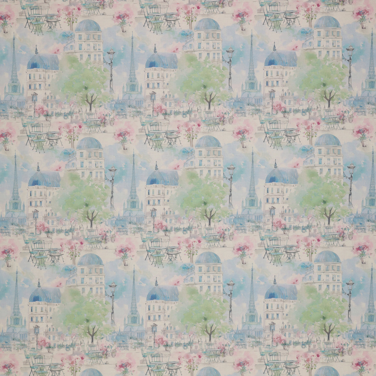 En Vogue Fabric Collection - Paris en Vogue Blue: watercolor-style pattern featuring Parisian buildings, trees, flowers, and street scenes in soft blue, pink, green, and white tones CL64250101-02