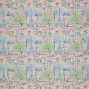 En Vogue Fabric Collection - Paris en Vogue Blue: watercolor-style pattern featuring Parisian buildings, trees, flowers, and street scenes in soft blue, pink, green, and white tones CL64250101-02