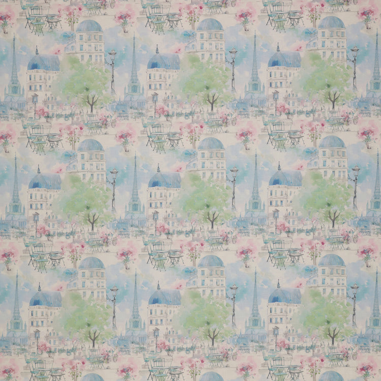 En Vogue Fabric Collection - Paris en Vogue Blue: watercolor-style pattern featuring Parisian buildings, trees, flowers, and street scenes in soft blue, pink, green, and white tones CL64250101-02