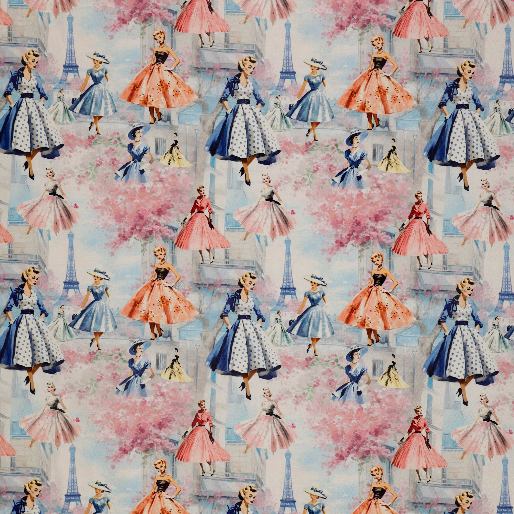 En Vogue Fabric Collection - Sophistication: Vintage-style illustrated women in pink and blue dresses, pink cherry blossom trees, and small Eiffel Tower silhouettes on a pale blue background CL64250102-01