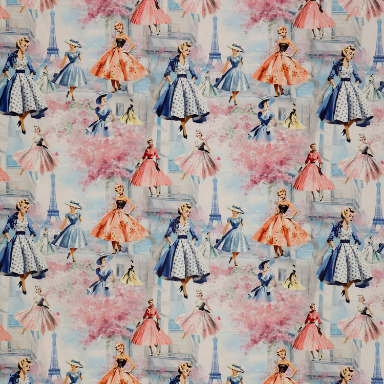 En Vogue Fabric Collection - Sophistication: Vintage-style illustrated women in pink and blue dresses, pink cherry blossom trees, and small Eiffel Tower silhouettes on a pale blue background CL64250102-01