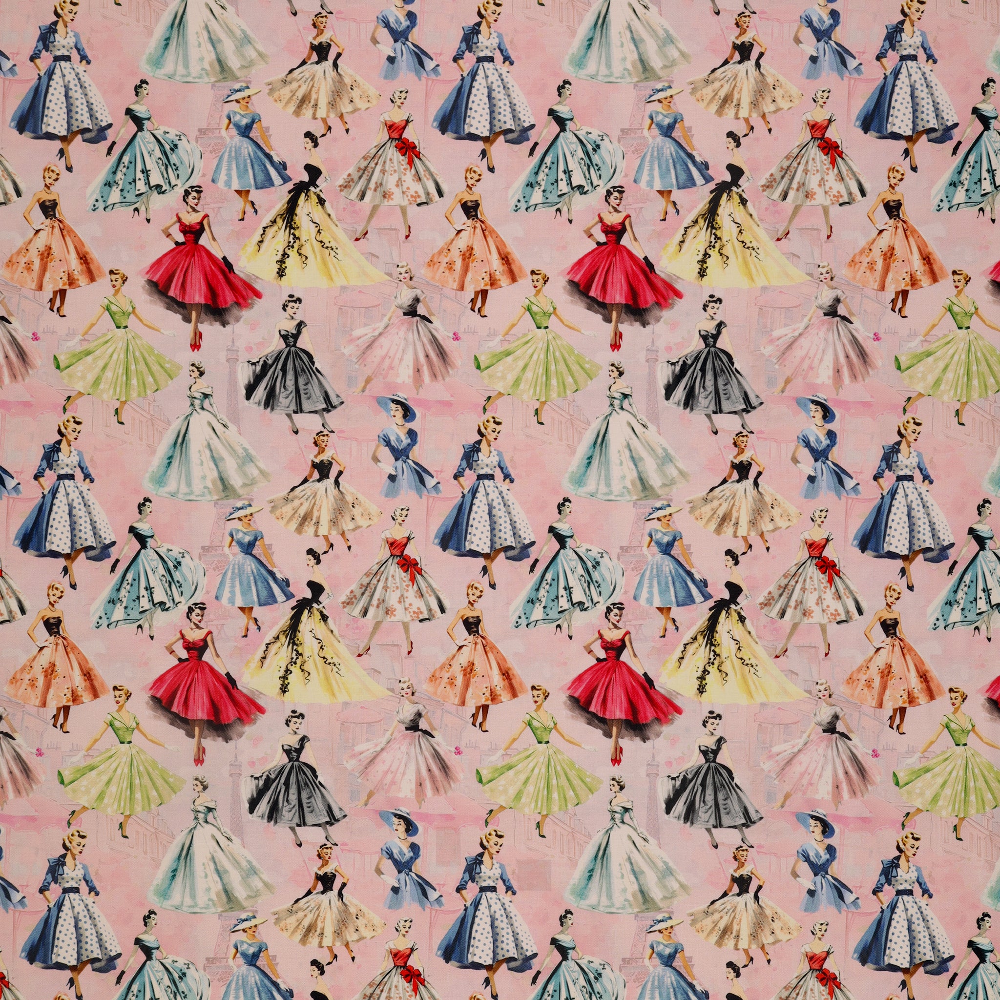 En Vogue Fabric Collection - Enchanted Creations: vintage fashion illustrations of women in colorful, full-skirted dresses on a light pink background CL64250103-01