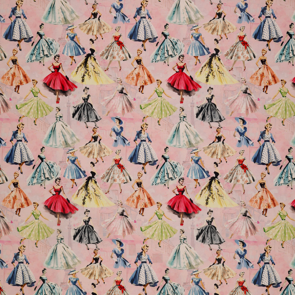 En Vogue Fabric Collection - Enchanted Creations: vintage fashion illustrations of women in colorful, full-skirted dresses on a light pink background CL64250103-01