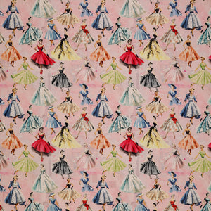 En Vogue Fabric Collection - Enchanted Creations: vintage fashion illustrations of women in colorful, full-skirted dresses on a light pink background CL64250103-01