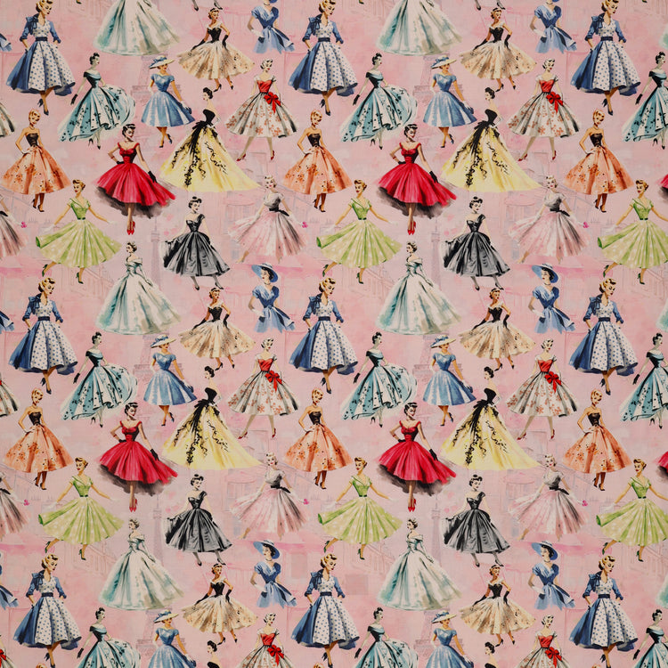 En Vogue Fabric Collection - Enchanted Creations: vintage fashion illustrations of women in colorful, full-skirted dresses on a light pink background CL64250103-01