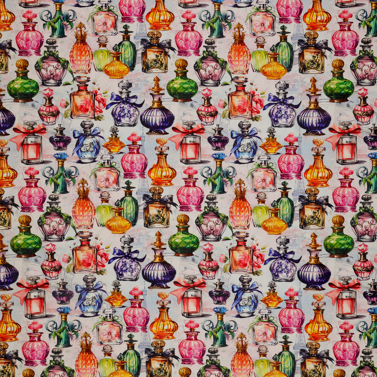 En Vogue Fabric Collection - Perfumery: colorful vintage perfume bottles on a light background, featuring vibrant shades of pink, green, orange, purple, and blue CL64250104-01