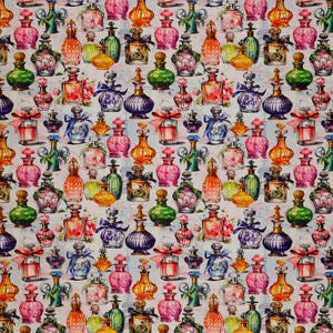 En Vogue Fabric Collection - Perfumery: colorful vintage perfume bottles on a light background, featuring vibrant shades of pink, green, orange, purple, and blue CL64250104-01