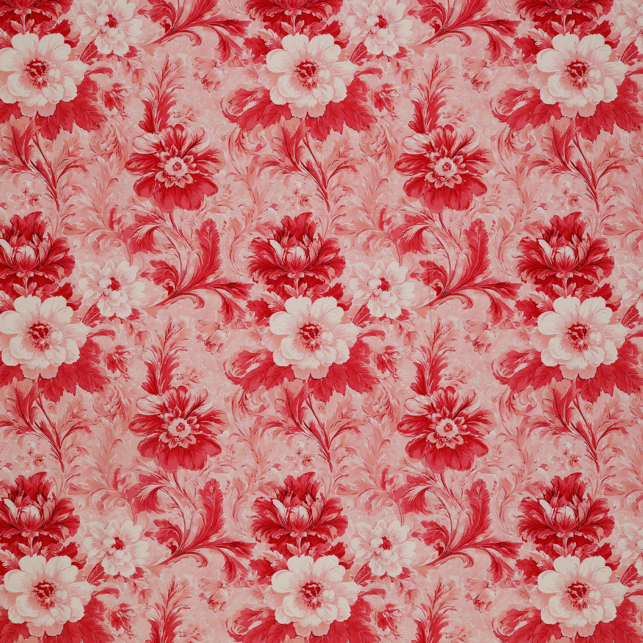 En Vogue Fabric Collection - Flower Shop Pink: Light pink fabric with large red and white flowers, curling stems, and ornate leaves CL64250106-01