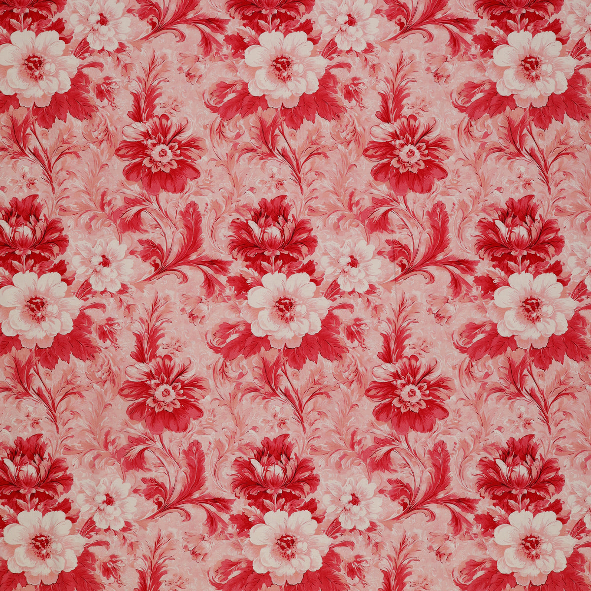 En Vogue Fabric Collection - Flower Shop Pink: Light pink fabric with large red and white flowers, curling stems, and ornate leaves CL64250106-01