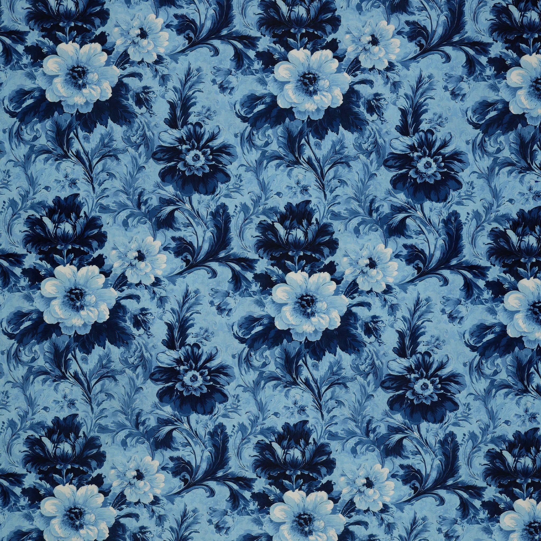 En Vogue Fabric Collection - Flower Shop Blue: Light blue fabric with large navy and pale blue flowers, curling stems, and ornate leaves CL64250106-02