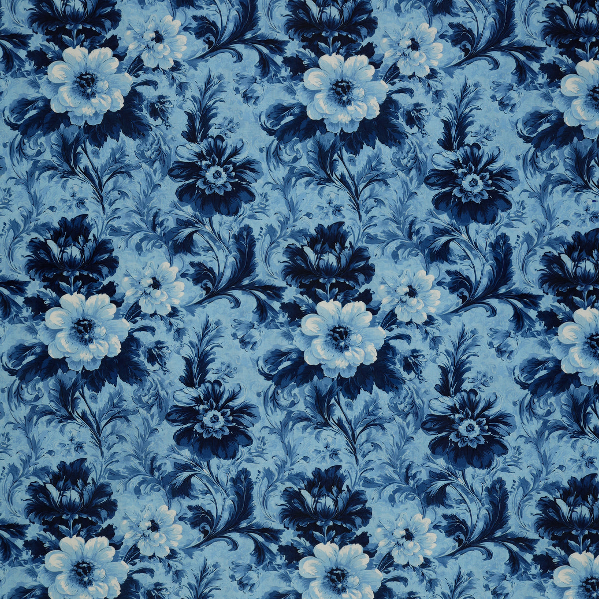 En Vogue Fabric Collection - Flower Shop Blue: Light blue fabric with large navy and pale blue flowers, curling stems, and ornate leaves CL64250106-02