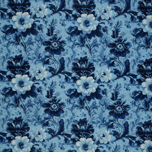 En Vogue Fabric Collection - Flower Shop Blue: Light blue fabric with large navy and pale blue flowers, curling stems, and ornate leaves CL64250106-02