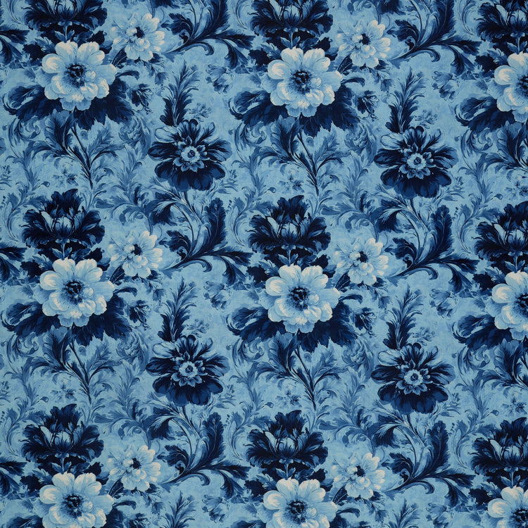 En Vogue Fabric Collection - Flower Shop Blue: Light blue fabric with large navy and pale blue flowers, curling stems, and ornate leaves CL64250106-02