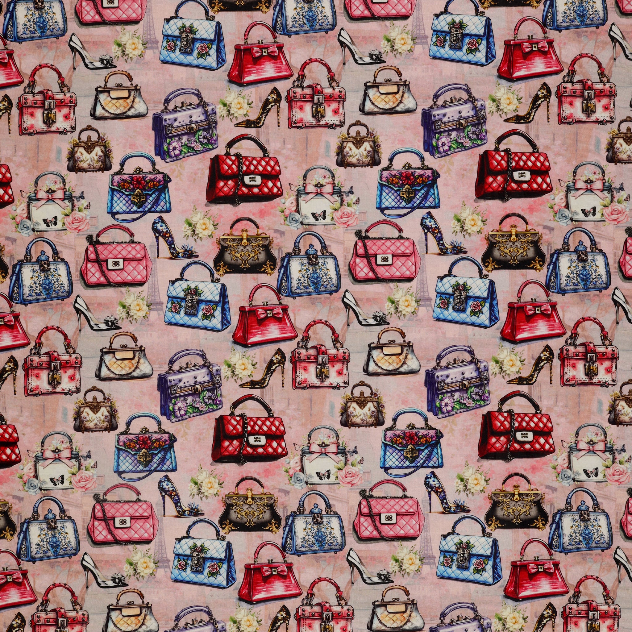 En Vogue Fabric Collection - Handbag Boutique: colorful handbags, high heels, and small flowers on a dusty pink background CL64260105-01