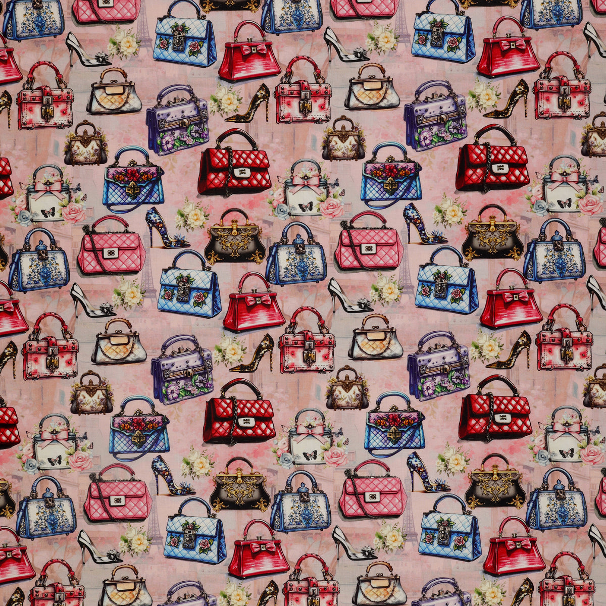 En Vogue Fabric Collection - Handbag Boutique: colorful handbags, high heels, and small flowers on a dusty pink background CL64260105-01
