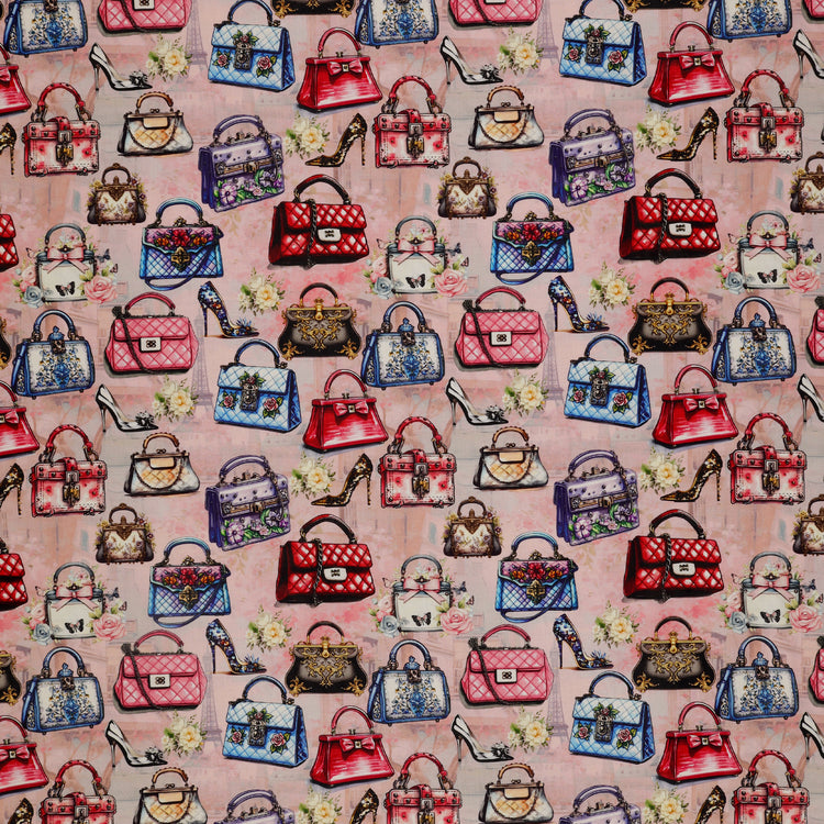 En Vogue Fabric Collection - Handbag Boutique: colorful handbags, high heels, and small flowers on a dusty pink background CL64260105-01