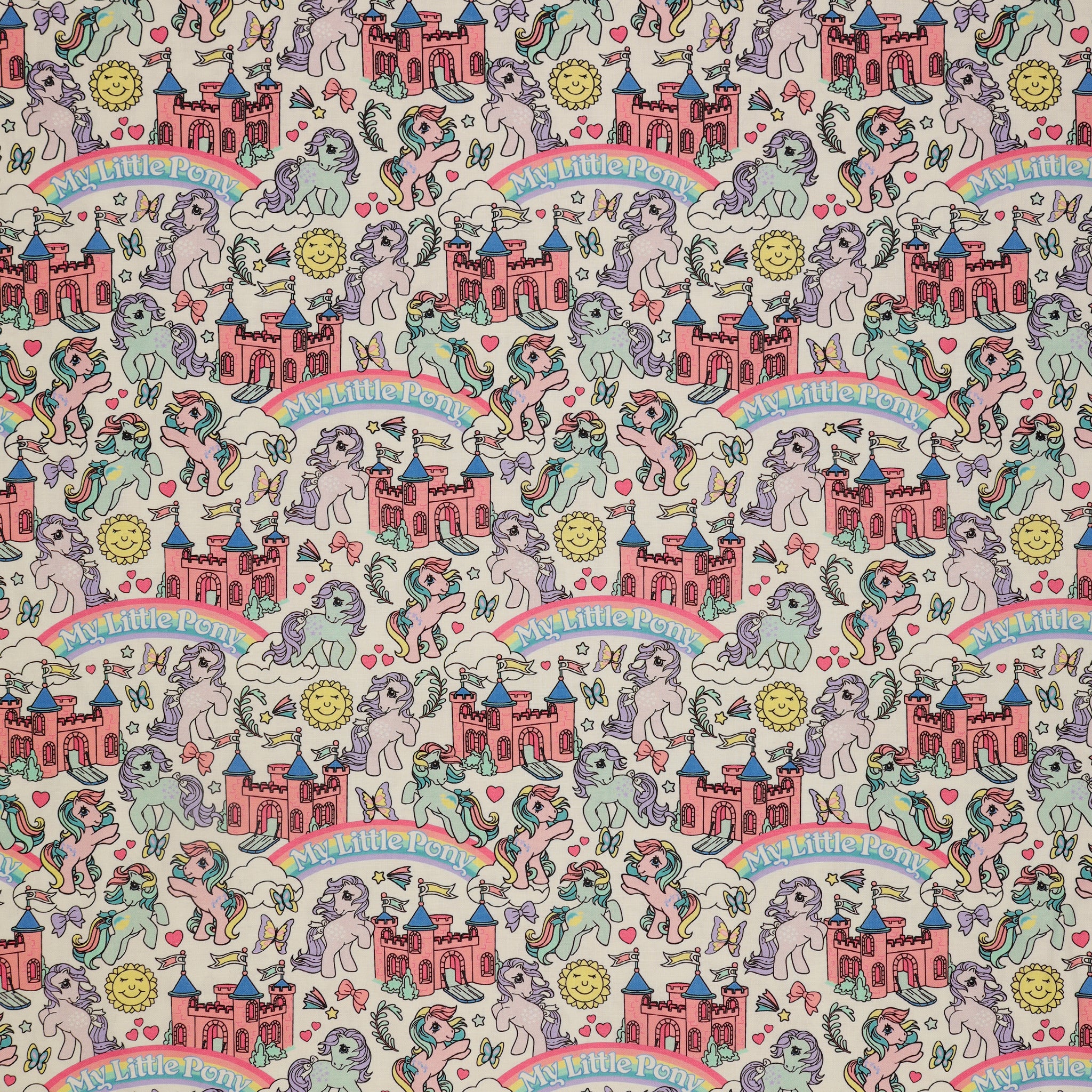 My Little Pony Retro Fabric Collection - My Little Pony Castle: My Little Pony characters, castles, rainbows, and the words 'My Little Pony' on a light cream background CL95010201-01