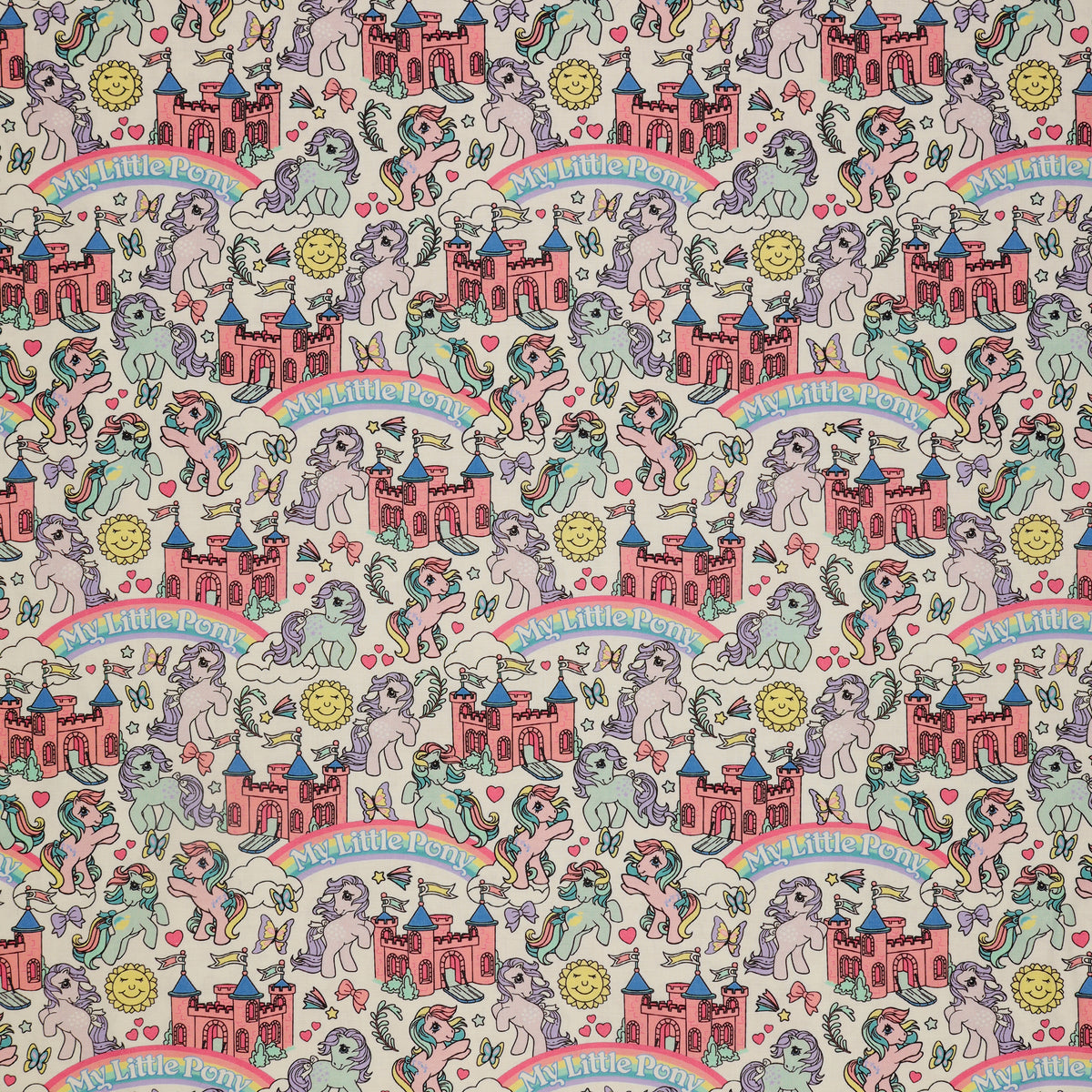 My Little Pony Retro Fabric Collection - My Little Pony Castle: My Little Pony characters, castles, rainbows, and the words 'My Little Pony' on a light cream background CL95010201-01