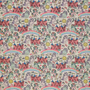 My Little Pony Retro Fabric Collection - My Little Pony Castle: My Little Pony characters, castles, rainbows, and the words 'My Little Pony' on a light cream background CL95010201-01
