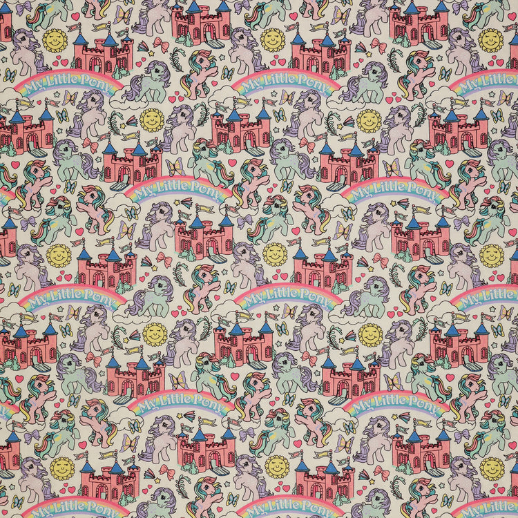 My Little Pony Retro Fabric Collection - My Little Pony Castle: My Little Pony characters, castles, rainbows, and the words 'My Little Pony' on a light cream background CL95010201-01