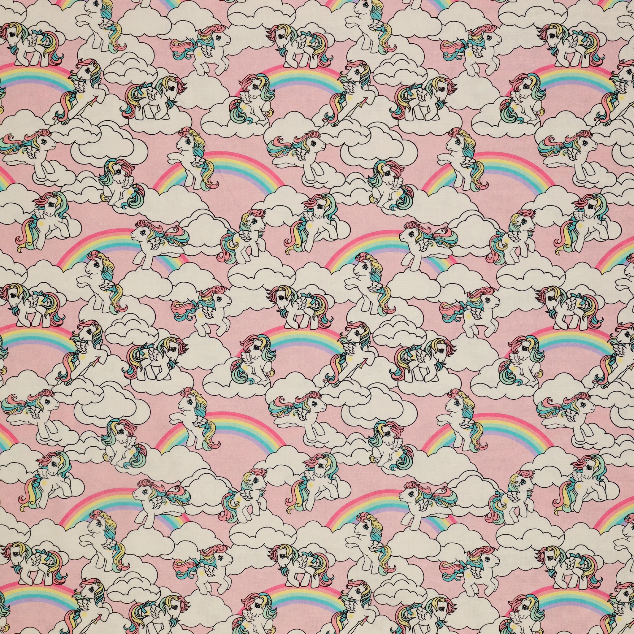 My Little Pony Retro Fabric Collection - Starshine in the Clouds: cartoon ponies with rainbow manes and tails, set in white clouds against a light pink background CL95010202-01