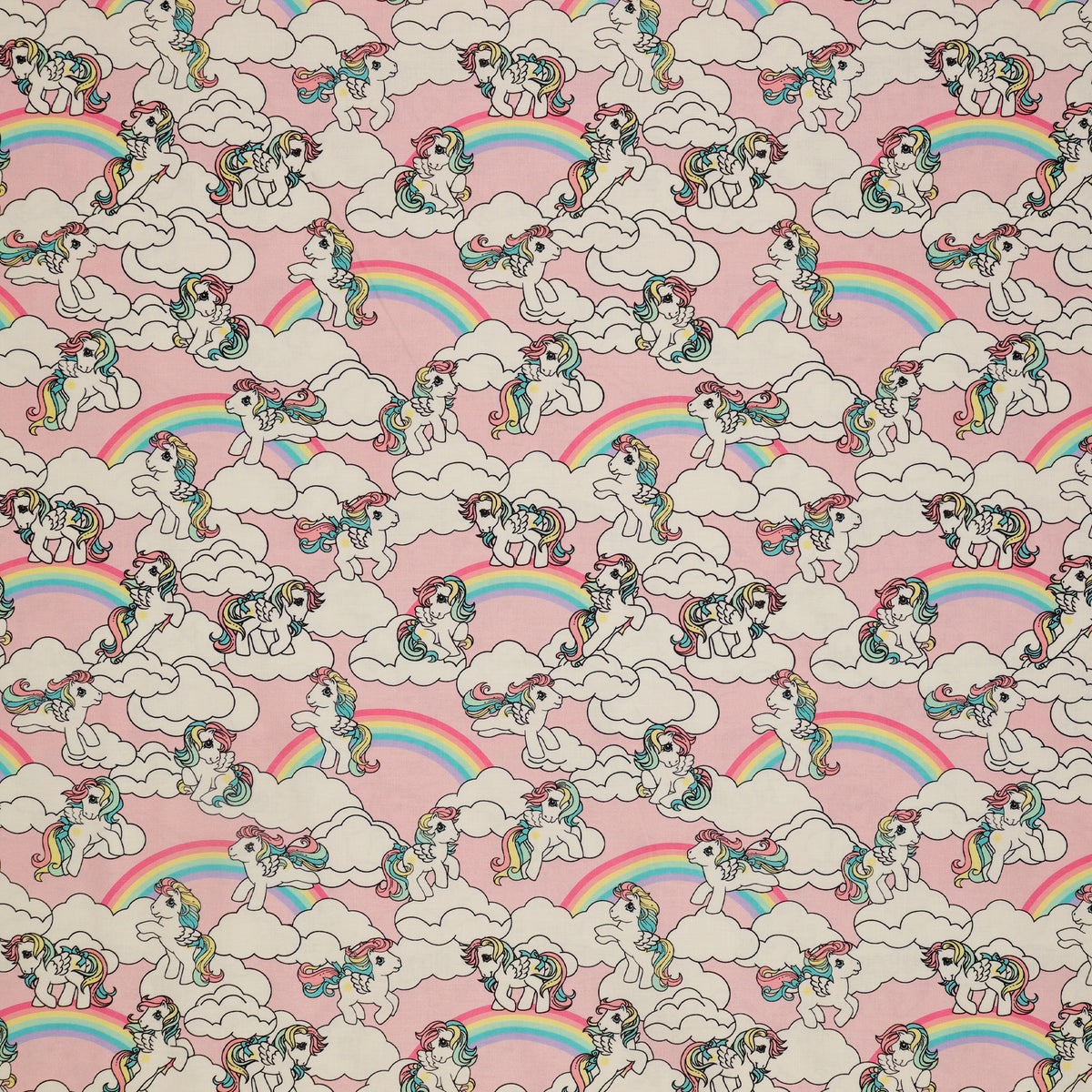 My Little Pony Retro Fabric Collection - Starshine in the Clouds: cartoon ponies with rainbow manes and tails, set in white clouds against a light pink background CL95010202-01