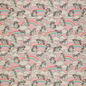 My Little Pony Retro Fabric Collection - Starshine in the Clouds: cartoon ponies with rainbow manes and tails, set in white clouds against a light pink background CL95010202-01